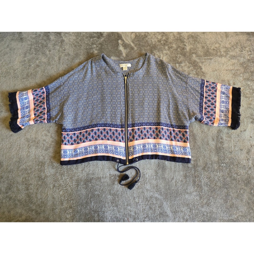 Christopher & Banks Zip Jacket Women PXL Blue Pink Boho Tassel Fringe Excellent